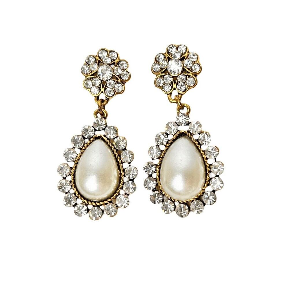 Amrita Singh Teardrop Dangle Earrings Faux Pearl Rhinestone Gold Tone Signed - Picture 3 of 8